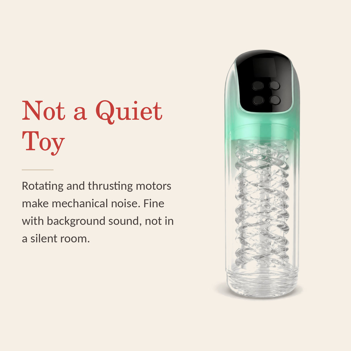 PulseForge X feature banner: Not a Quiet Toy — rotating and thrusting motors make mechanical noise; fine with background sound, not in a silent room