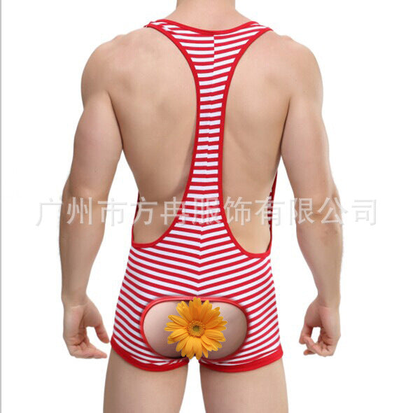 Luxury Men’s Striped Open-Back Bodysuit – Elegant Seduction with a Playful Edge