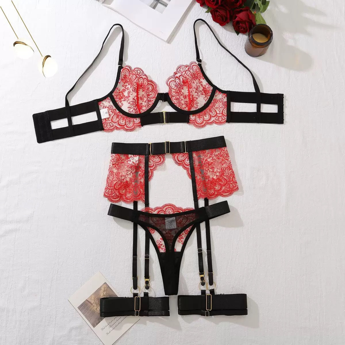 Eyelash Lace Embroidered Lingerie Set in Red & Black — Femme Bliss