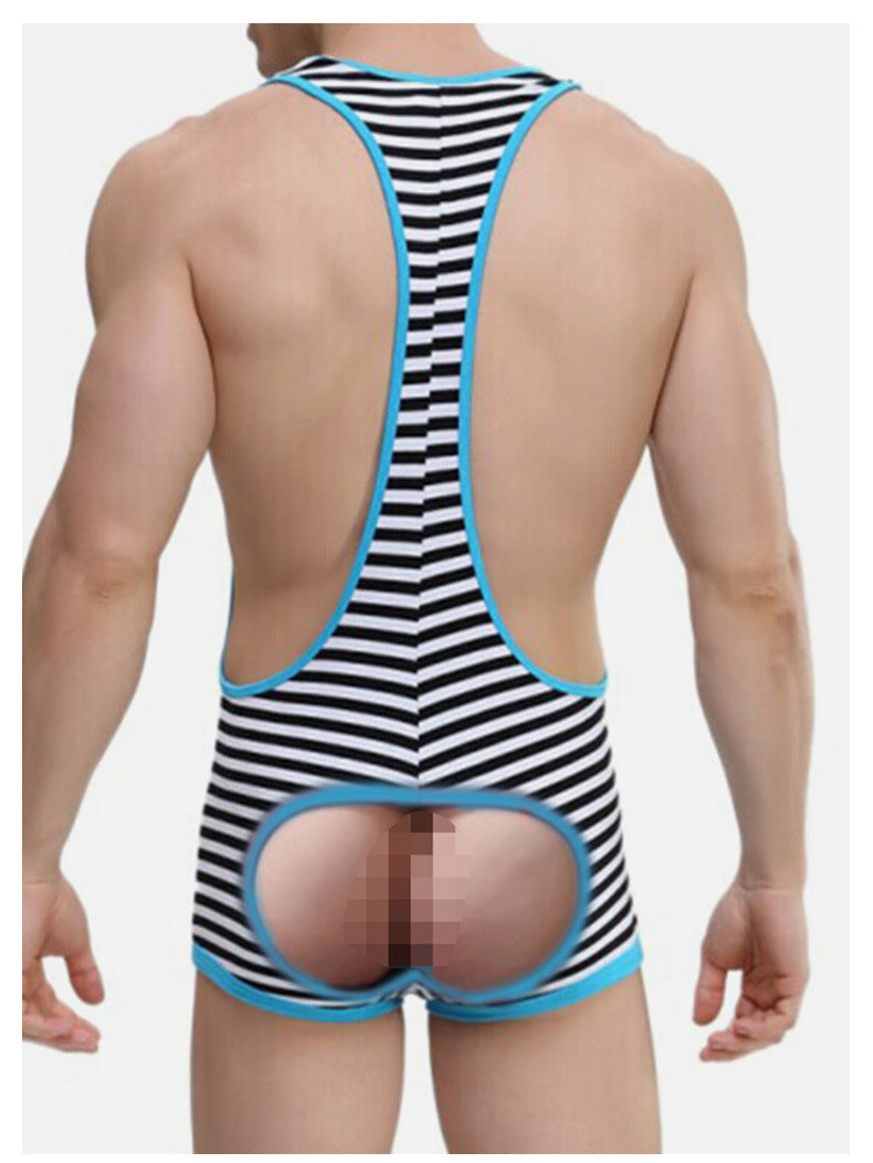 Luxury Men’s Striped Open-Back Bodysuit – Elegant Seduction with a Playful Edge