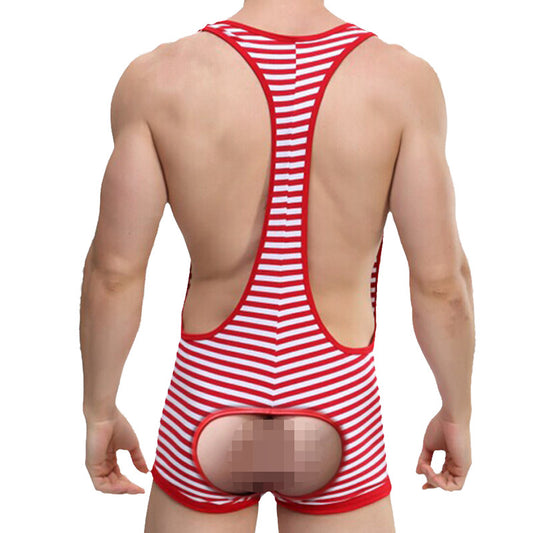 Luxury Men’s Striped Open-Back Bodysuit – Elegant Seduction with a Playful Edge