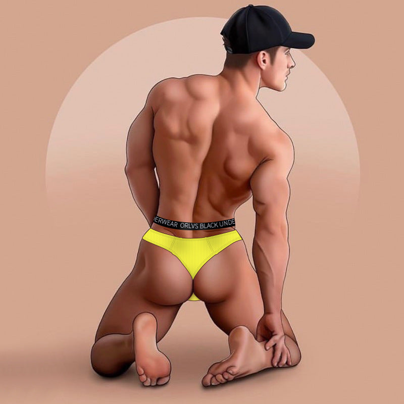 ORLVS Men’s Sexy Low-Rise Thong Underwear – Black, Yellow & Blue Erotic Briefs for Confident Men