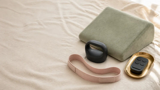 Wedge cushion, ergonomic grip aid, assist strap and large-button remote for adaptive intimacy with limited mobility