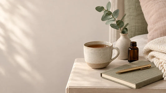 Bedside table with tea, an amber bottle, eucalyptus and a notebook, a calm scene about antidepressants and libido