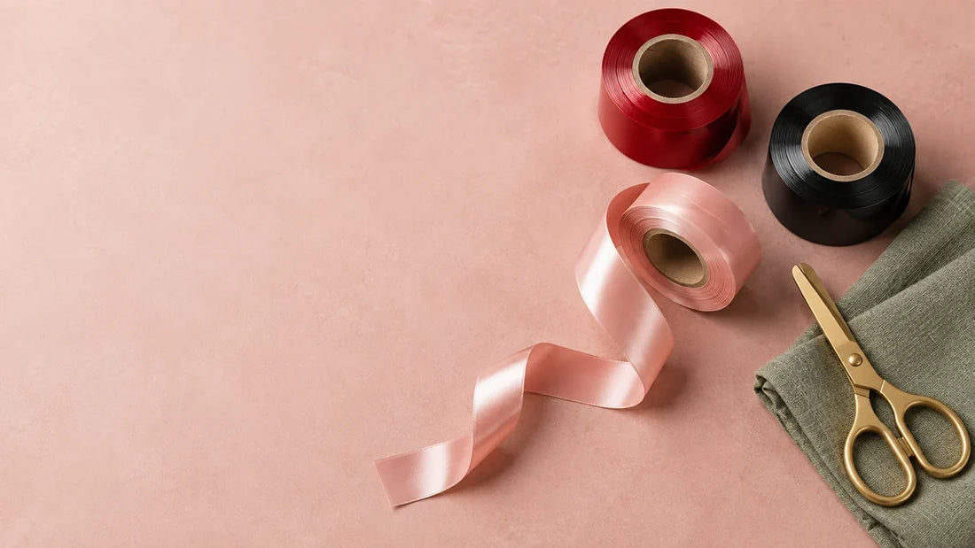 Red, black and blush rolls of self-cling bondage tape, one unspooled, with gold scissors for body wraps and tape lingerie