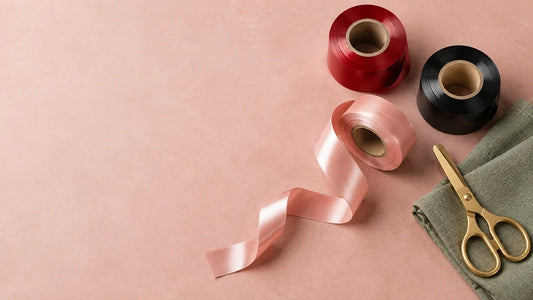 Red, black and blush rolls of self-cling bondage tape, one unspooled, with gold scissors for body wraps and tape lingerie