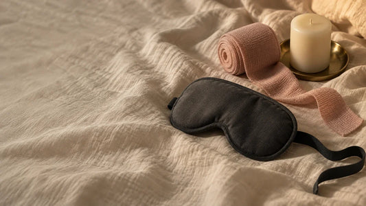 Folded satin blindfold and an unlit candle on a bedside table, set up for beginner blindfold and sensory deprivation play