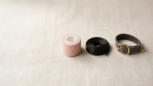 Roll of self-cling bondage tape, coiled soft rope and a buckled leather cuff compared side by side on cream linen