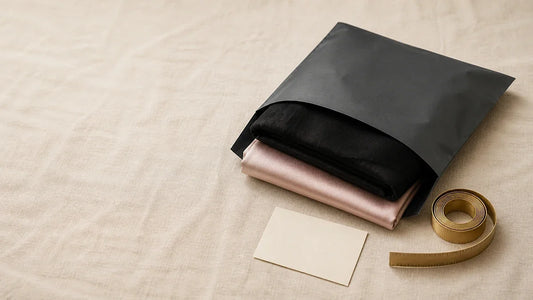 Plain black mailer with folded men's lingerie, a blank card and a measuring tape, showing discreet shipping and sizing