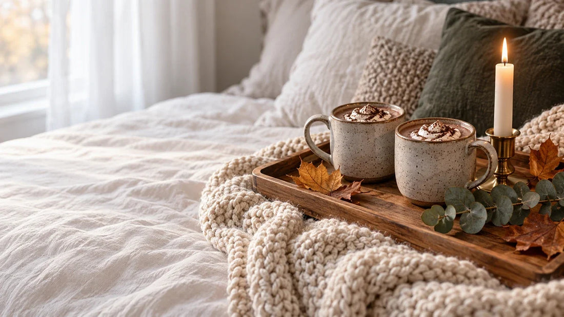 Two mugs of cocoa on a wooden tray with autumn leaves and a candle on a knit blanket, a cozy cuffing season bed scene