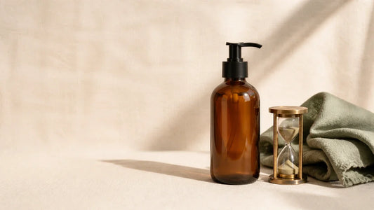 Unlabelled amber pump bottle, a sand timer and a folded cloth, a calm flat-lay on restoring penile sensitivity