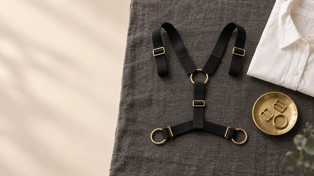 Black elastic men's harness with gold rings and buckles on grey linen beside a folded white shirt and gold dish