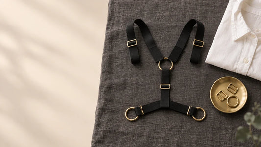 Black elastic men's harness with gold rings and buckles on grey linen beside a folded white shirt and gold dish