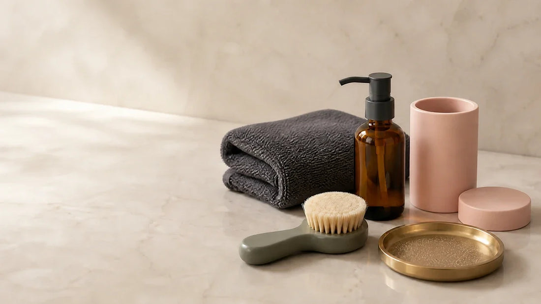 Cleaning kit for a male stroker: mild cleanser, soft brush, microfibre towel and renewing powder on a marble counter