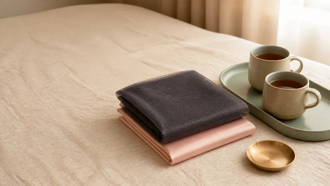 Two folded men's lingerie pieces and two mugs of tea on a bed, set for an honest conversation with a partner