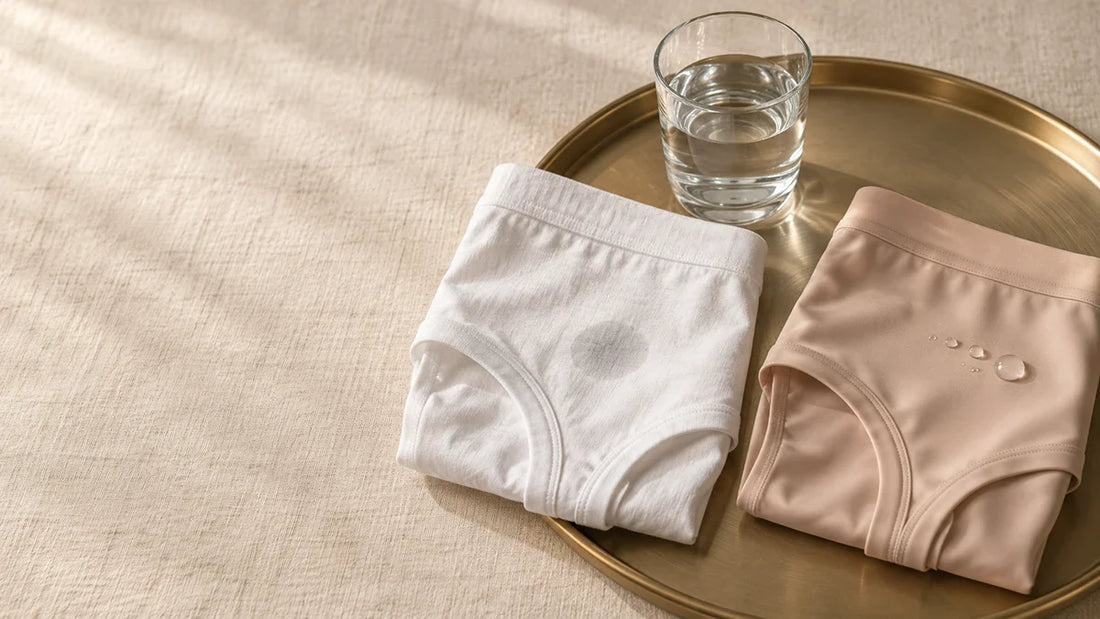 Folded white cotton and nude ice silk briefs on a gold tray with a glass of water, comparing everyday underwear fabrics