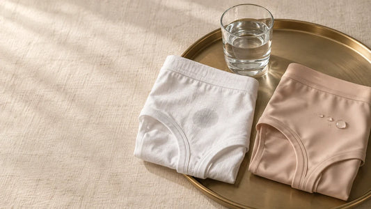 Folded white cotton and nude ice silk briefs on a gold tray with a glass of water, comparing everyday underwear fabrics
