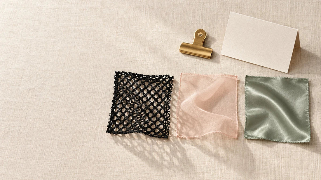 Black open mesh, blush sheer and sage ice silk fabric swatches in a row, comparing men's underwear breathability