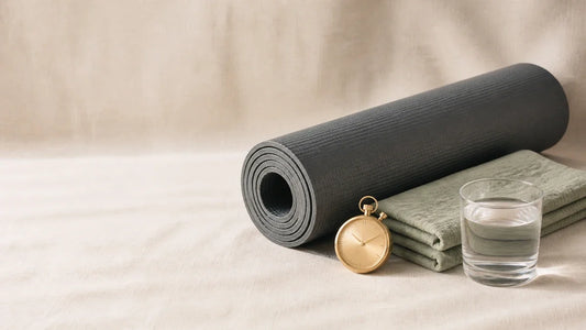 Rolled exercise mat, folded towel and a stopwatch, a flat-lay for a kegels for men pelvic floor training routine