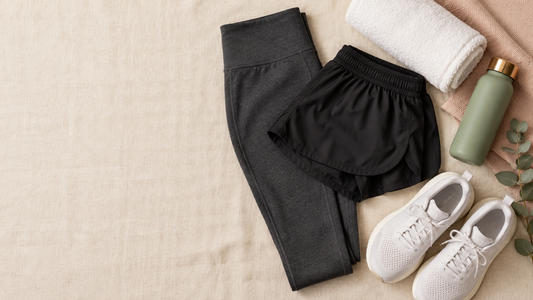 Charcoal leggings under black running shorts with white trainers, towel and bottle, showing men's leggings under shorts