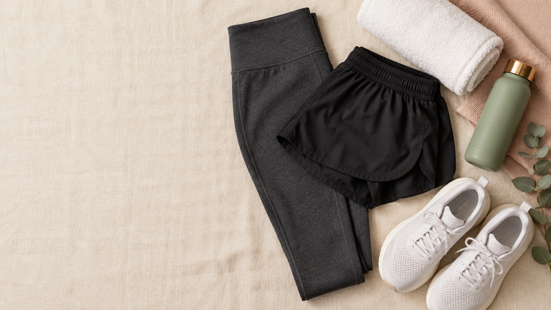 Charcoal leggings under black running shorts with white trainers, towel and bottle, showing men's leggings under shorts