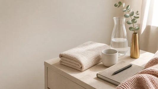 Calm bedside scene with muslin cloth, eucalyptus and a notebook, representing gentle postpartum intimacy recovery