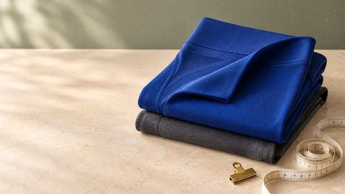 Folded royal blue and dark grey men's pouch leggings with a measuring tape, a guide to choosing dual-pouch leggings