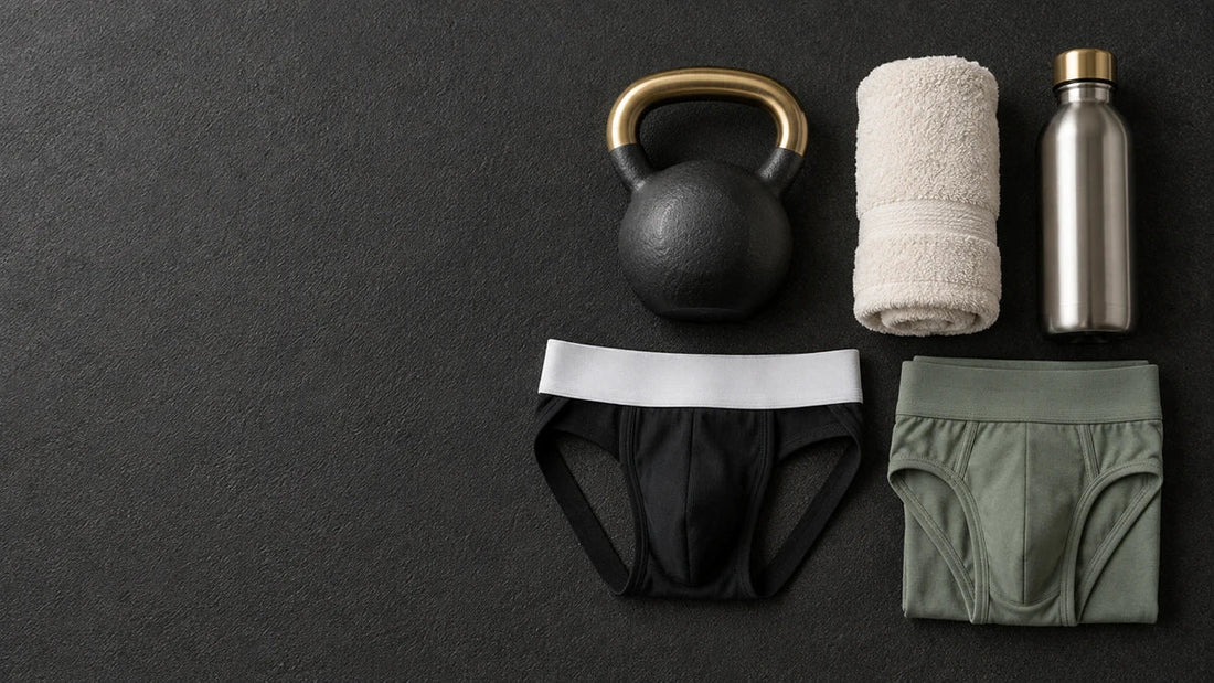 Black jockstrap and sage pouch brief laid flat with a kettlebell, towel and water bottle, compared for gym support