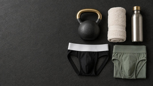 Black jockstrap and sage pouch brief laid flat with a kettlebell, towel and water bottle, compared for gym support