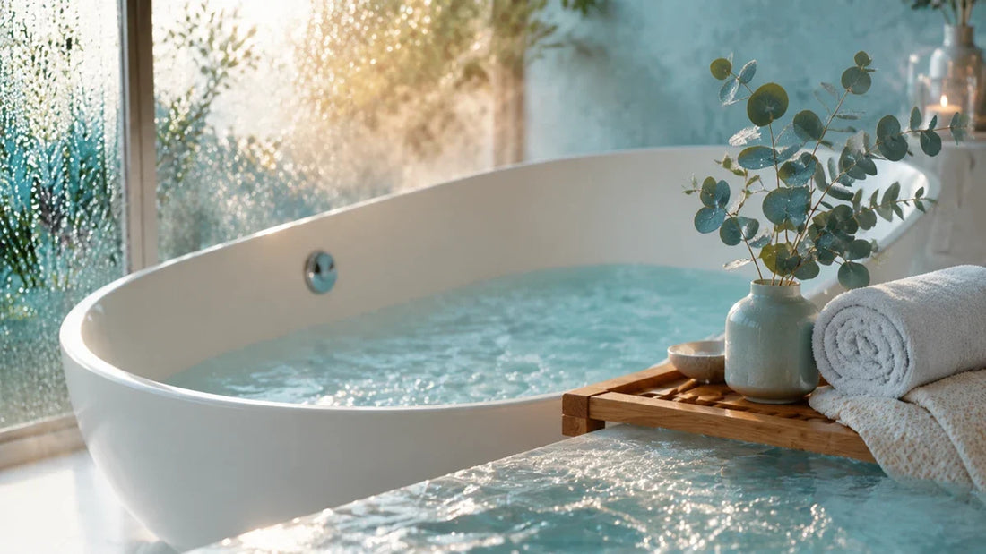 Waterproof intimate toys beside a bath, illustrating IPX ratings for shower and bath use