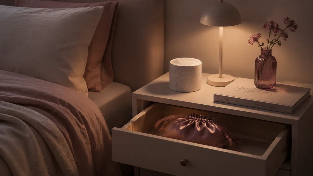 Whisper-quiet discreet vibrator on a bedside table in a shared apartment, chosen for low noise