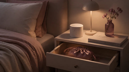 Whisper-quiet discreet vibrator on a bedside table in a shared apartment, chosen for low noise