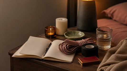 Bedside table with a notebook, coiled soft rope, self-cling wrap and an unlit candle, set up for a pre-scene safeword conversation