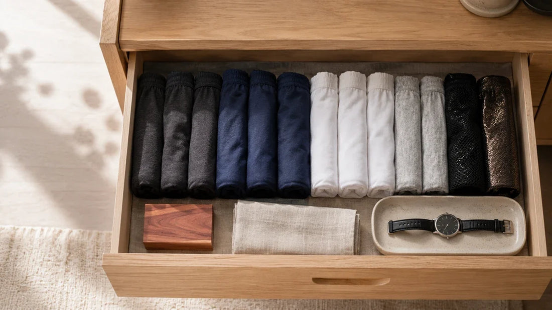 Overhead view of an open drawer with men's thongs, jockstraps and briefs folded into neat tonal rows
