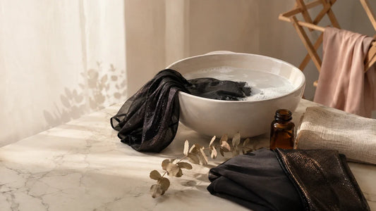 Delicate men's underwear soaking in a ceramic basin of cool water beside a linen towel and delicates detergent