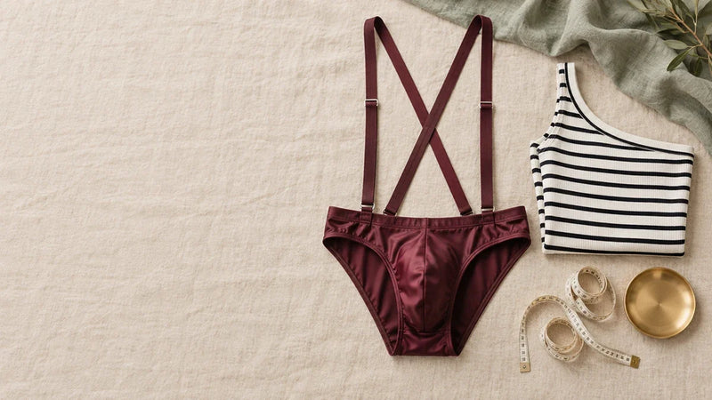 Burgundy men's suspender bodysuit with crossed straps and contour pouch beside a striped one-shoulder top and measuring tape