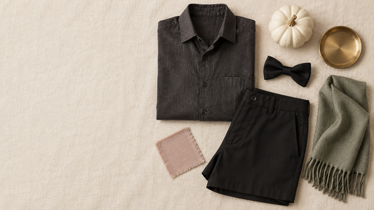 Men's Halloween outfit flat lay with a charcoal shirt, black shorts, bow tie, sage scarf and cream pumpkin.