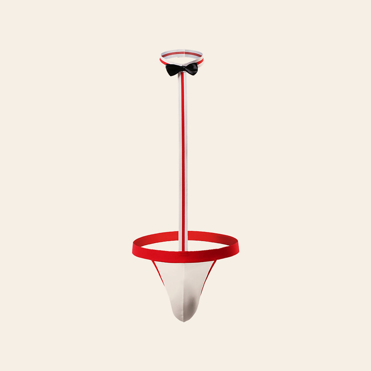 Men's novelty tuxedo thong in red with a black bow tie collar and white pouch, on a beige background