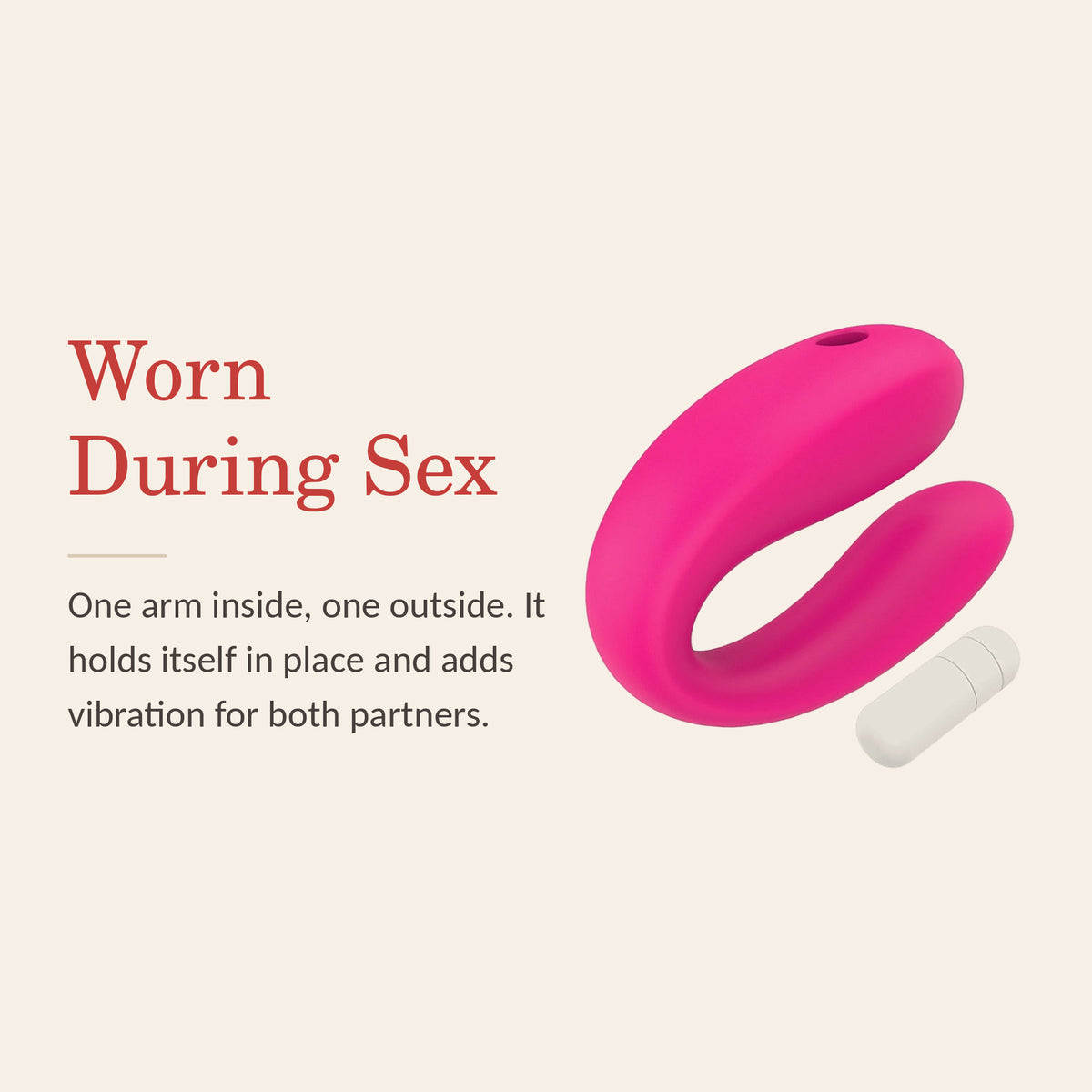 BlissFlex Duo feature banner: Worn During Sex — one arm inside, one outside; it holds itself in place and adds vibration for both partners