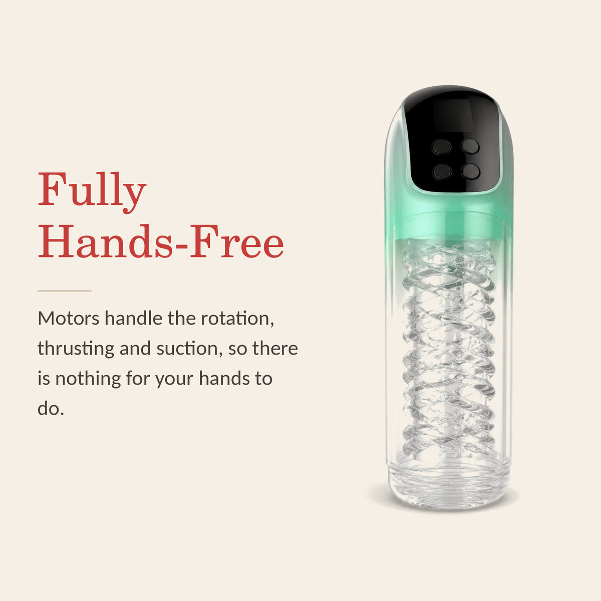 PulseForge X feature banner: Fully Hands-Free — motors handle rotation, thrusting and suction, so there is nothing for your hands to do