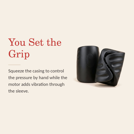 PulseGrip feature banner: You Set the Grip — squeeze the casing to control pressure by hand while the motor adds vibration through the sleeve