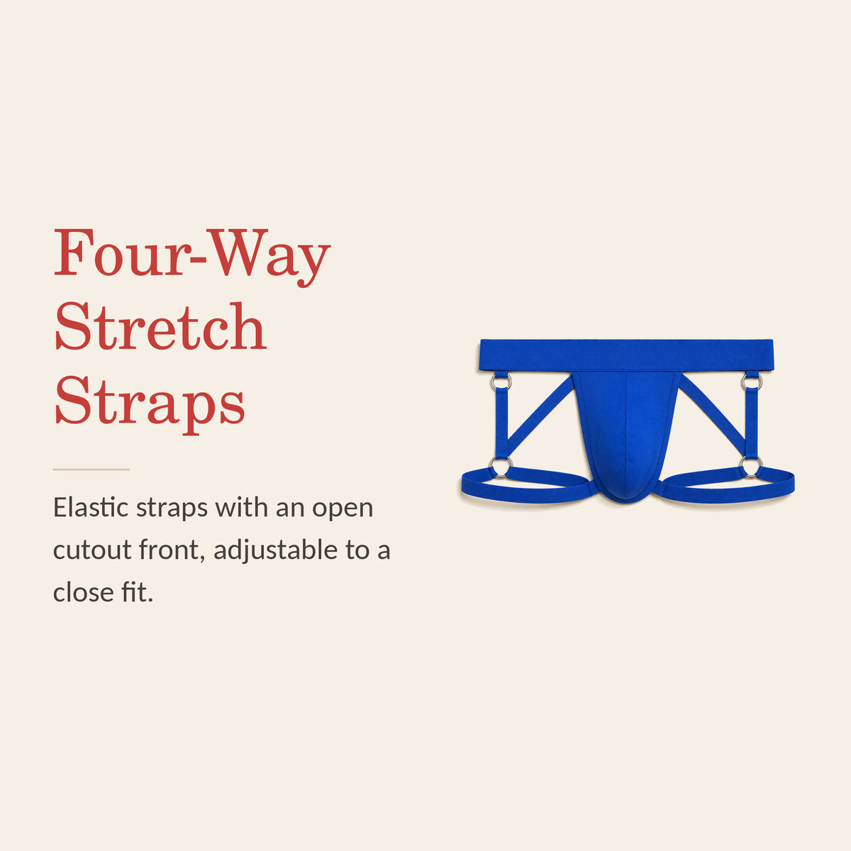 Strappy harness feature banner: four-way stretch elastic straps with an open cutout front