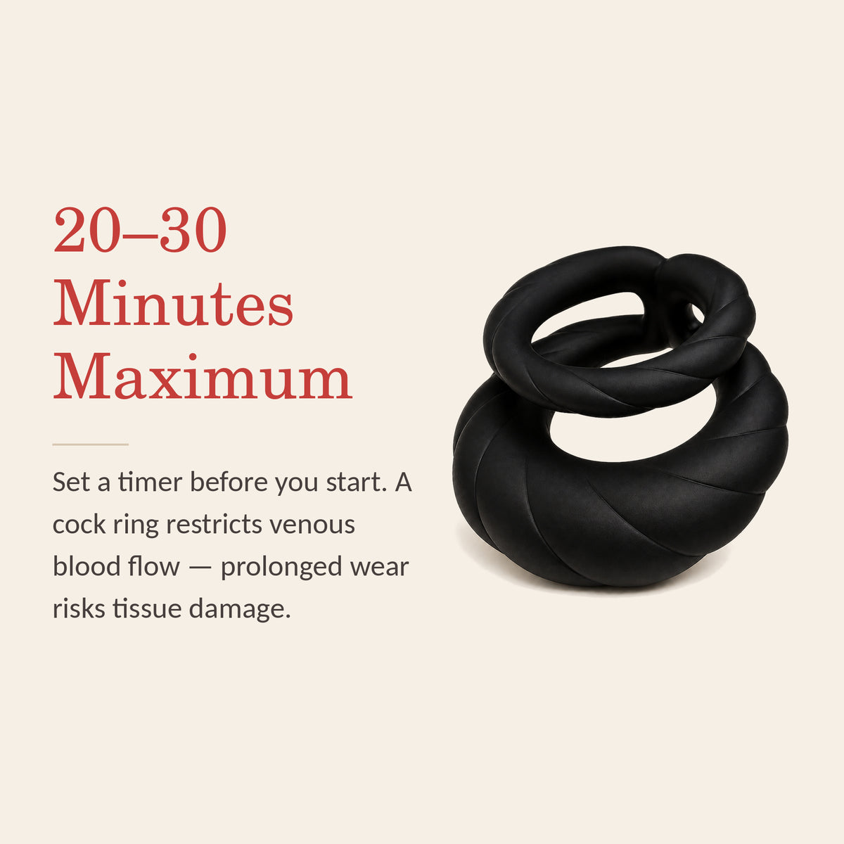 PulseForge Duo safety banner: 20 to 30 minutes maximum continuous wear — a cock ring restricts venous blood flow
