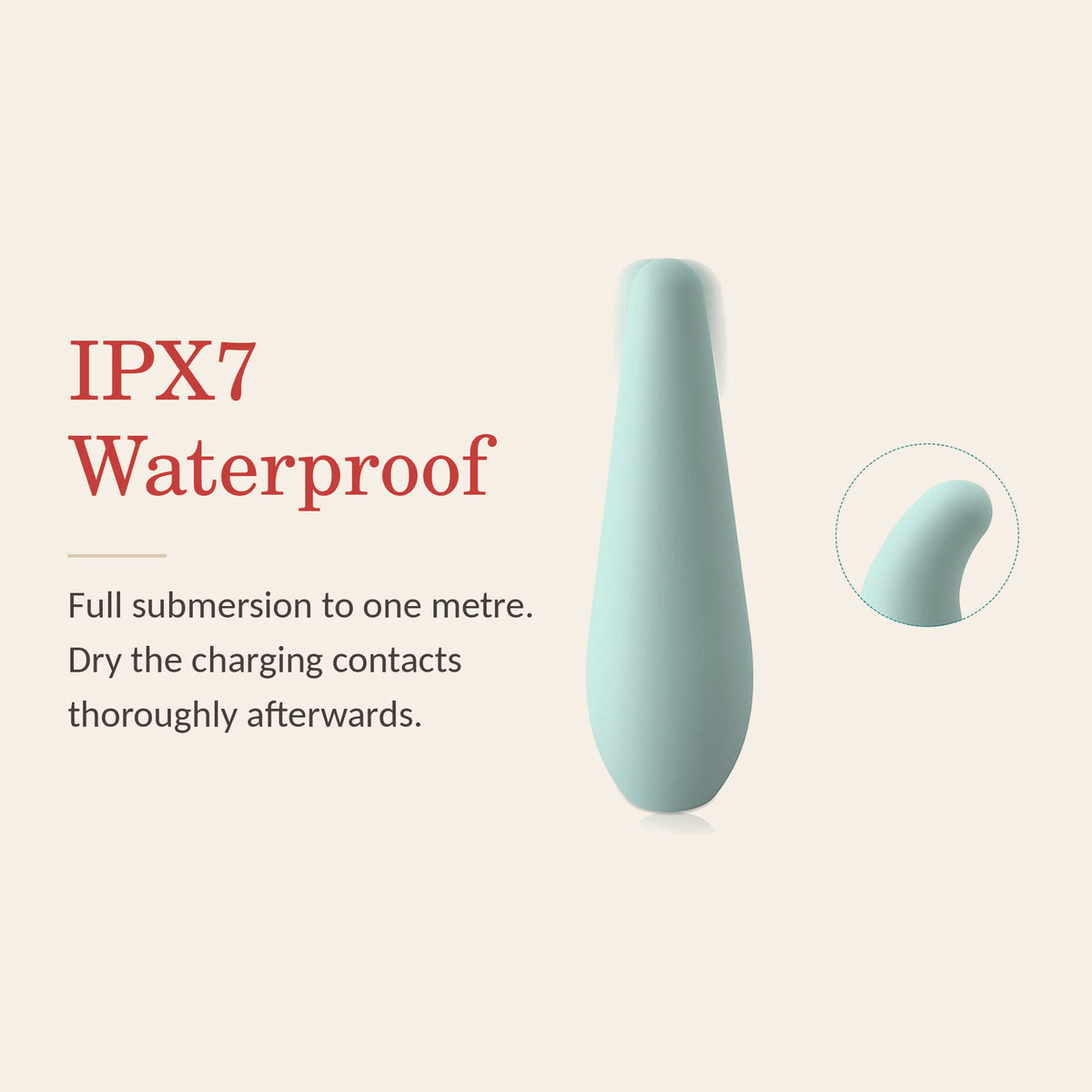 Aqua Whisper feature banner: IPX7 Waterproof — full submersion to one metre; dry the charging contacts thoroughly afterwards