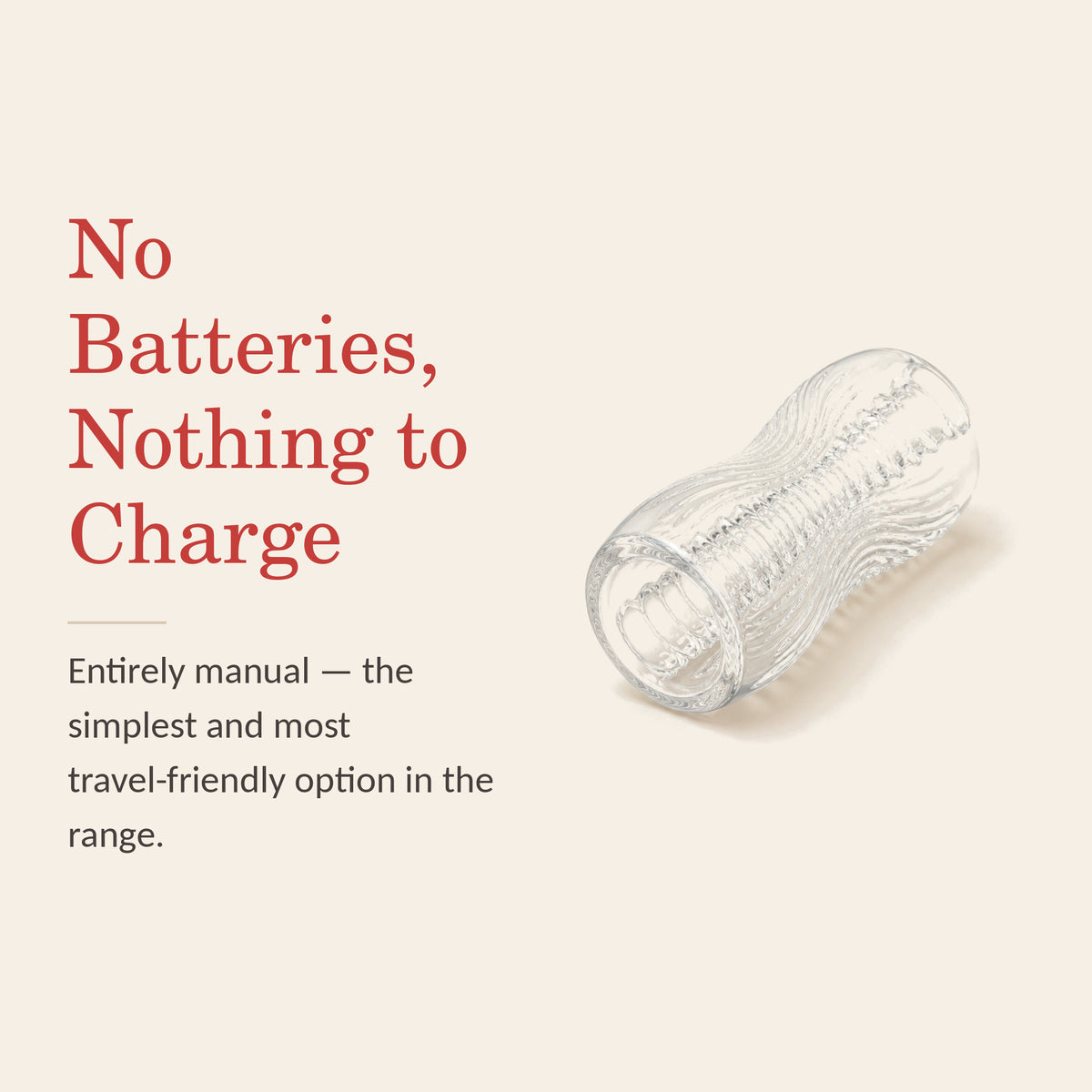 Crystal Touch feature banner: no batteries and nothing to charge — entirely manual and travel-friendly