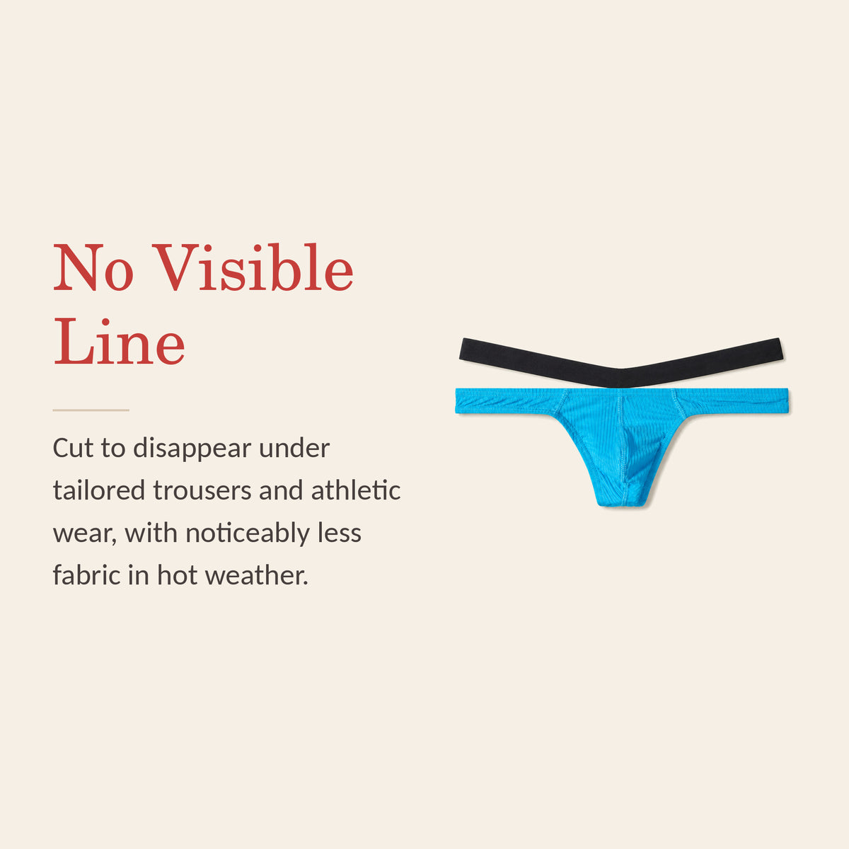Low-rise thong feature banner: no visible line under tailored trousers or athletic wear