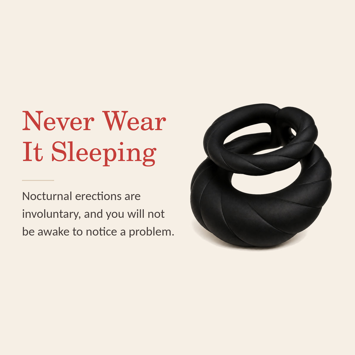 PulseForge Duo safety banner: never wear it while sleeping, as nocturnal erections are involuntary