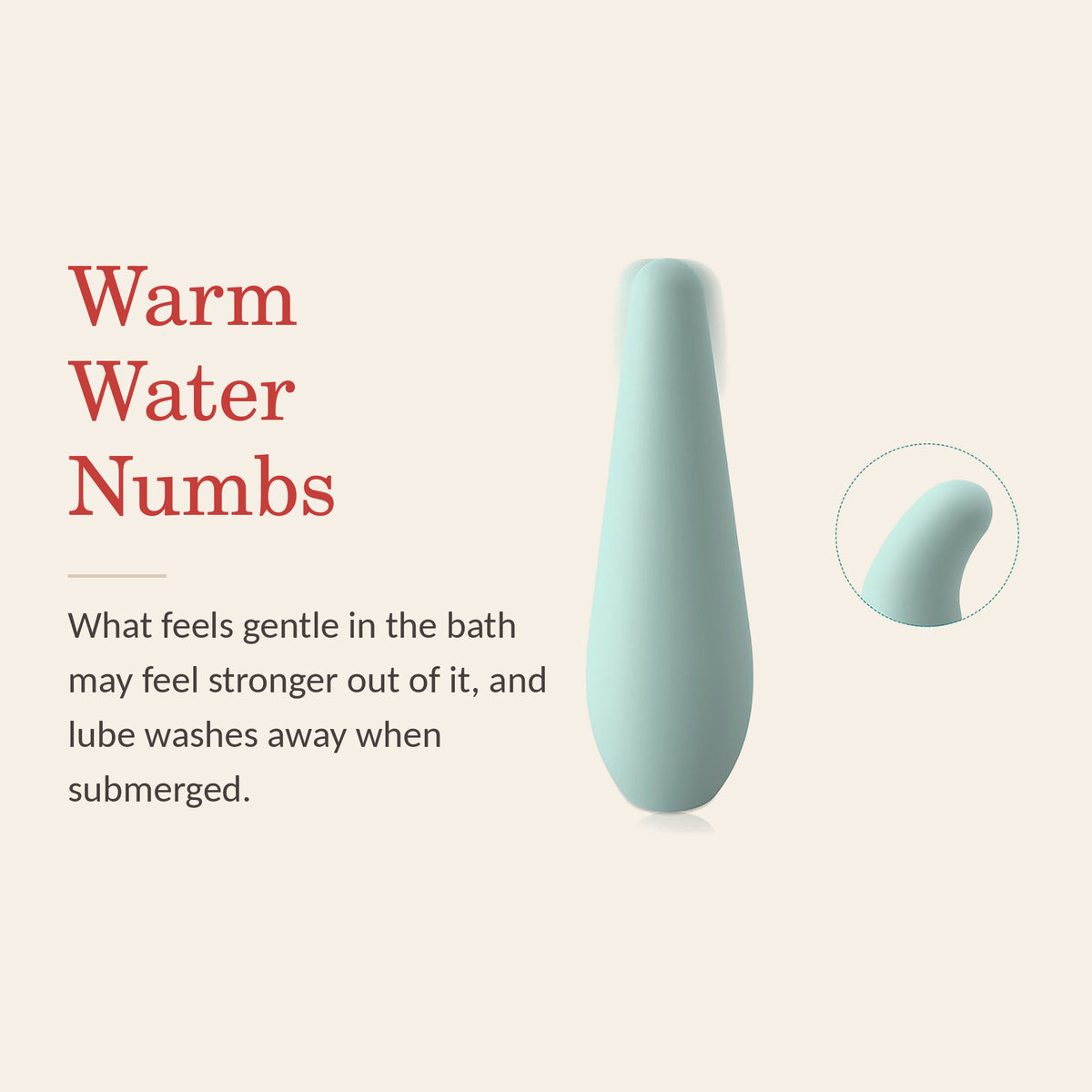 Aqua Whisper feature banner: Warm Water Numbs — what feels gentle in the bath may feel stronger out of it; lube washes away when submerged
