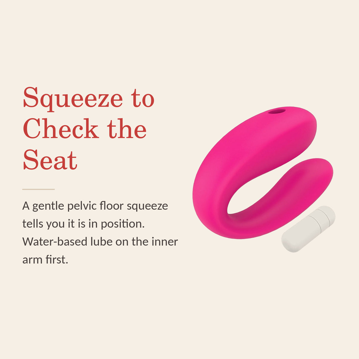BlissFlex Duo feature banner: Squeeze to Check the Seat — a gentle pelvic floor squeeze shows it is in position; water-based lube on the inner arm first