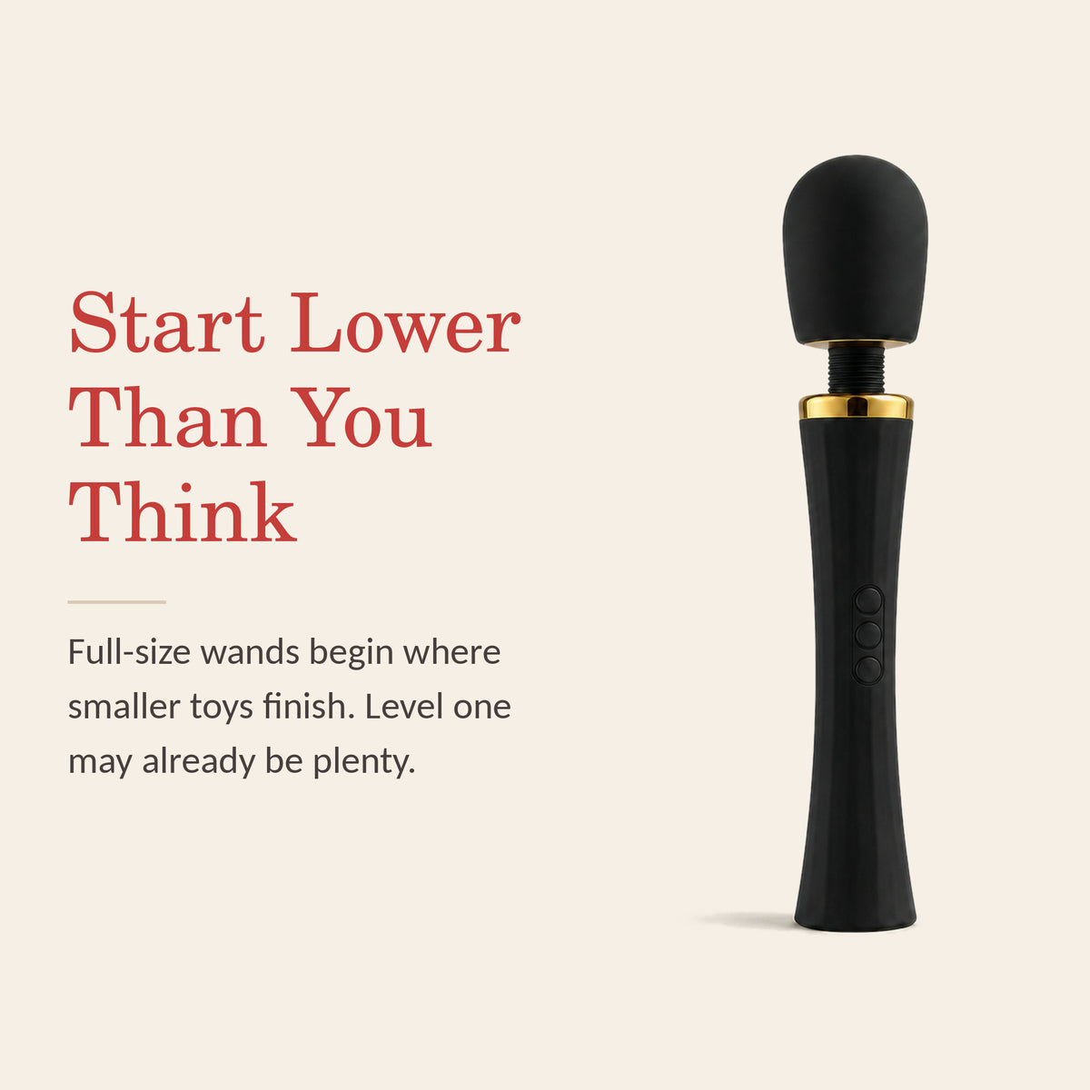LuxePower Wand feature banner: Start Lower Than You Think — full-size wands begin where smaller toys finish; level one may already be plenty